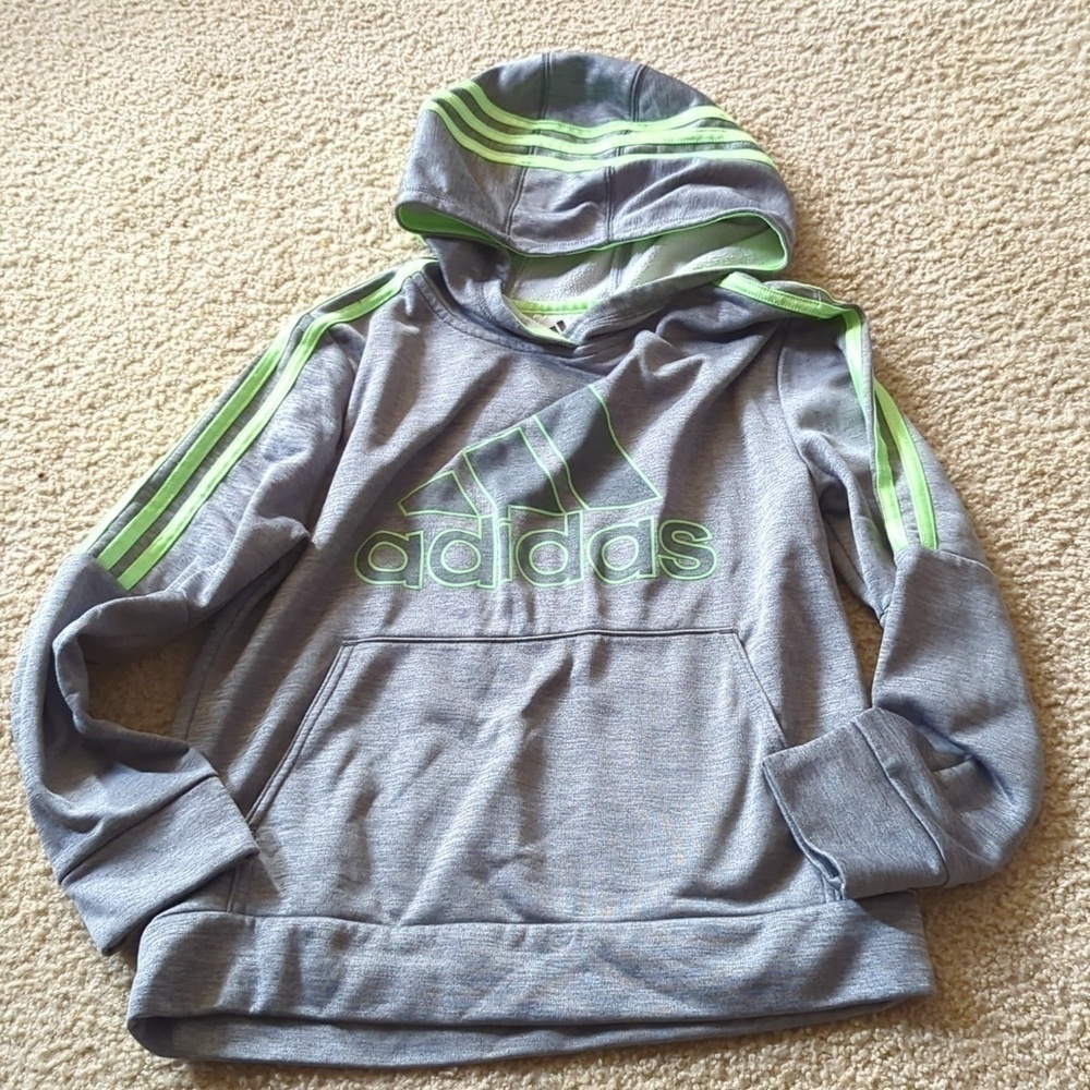 Adidas Gray & Neon Green Kangaroo Pouch Hoodie Size Medium (10/12)